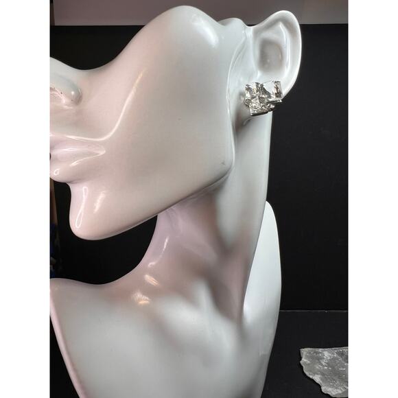 Vintage Silver Tone Crystal Cube Rhinestone Cluster Earrings - Picture 2 of 14